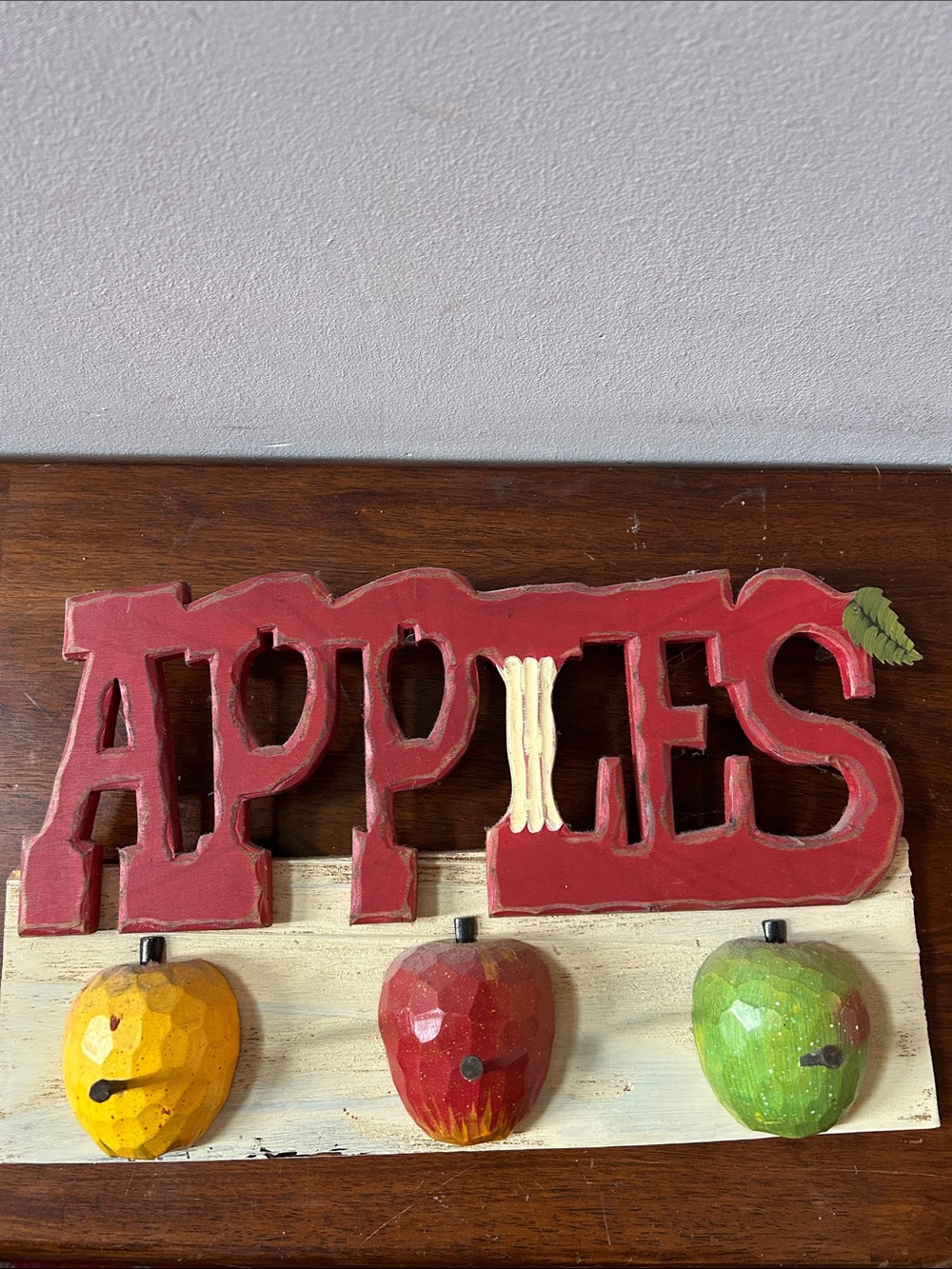 Red "APPLES" Wall Hook Rack with Yellow, Red, and Green Apple Hooks